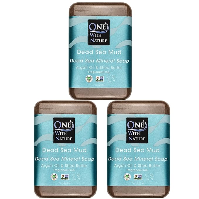 One With Nature Dead Sea Mineral Mud Soap Bar, 7 oz, Fragrance Free, Shea Butter, Argan Oil, Magnesium, Sulfur, 21 Minerals, Soothes Skin, Exfoliates