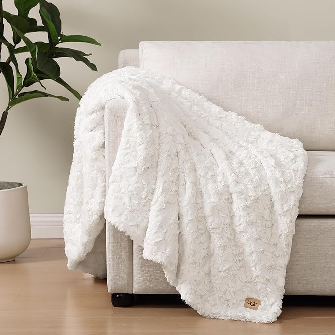 UGG Adalee Faux Fur Throw Blanket Luxury Lightweight Cozy Soft Throw for Couch Bed or Chair Hypoallergenic Machine Washable Double-Sided Fluffy Blanket Home Decor, 50-inch x 70-inch, Natural White