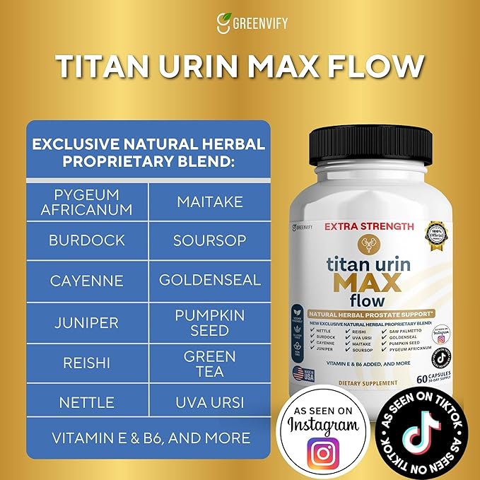 Titan Urin Max Flow Natural Prostate Supplement, 60 Capsules, Extra Strength Herbal Complex with Saw Palmetto, Vitamins E & B6 (3)