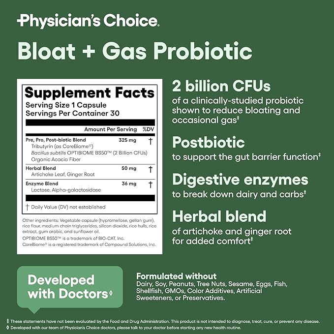 Physician's CHOICE 60 Billion Probiotic 30ct + Bloat & Gas Probiotic 30ct + Digestive Enzymes 60ct - Gut Guardian Bundle