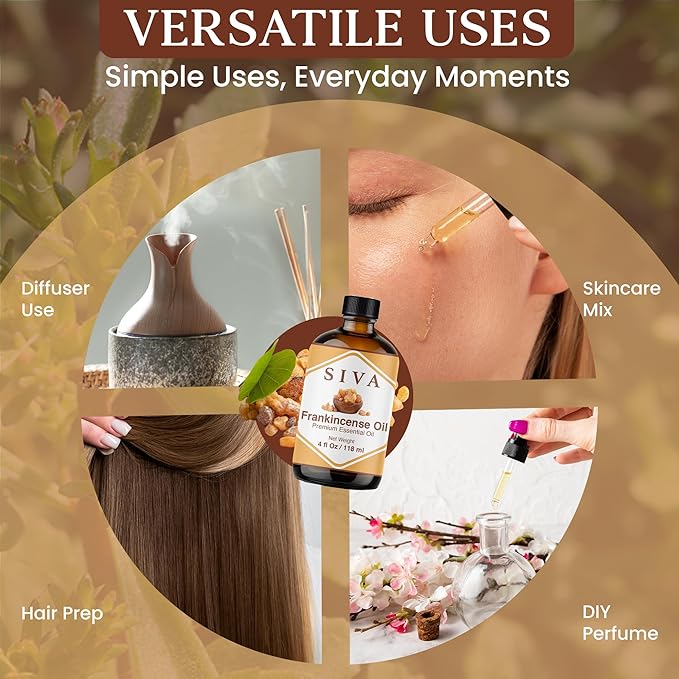 Siva Frankincense Essential Oil - 4 Fl Oz – Natural Boswellia Serrata Oil - for Diffuser, Face, Skin Care, Aromatherapy, Hair Care, Scalp and Body Massage - with Dropper