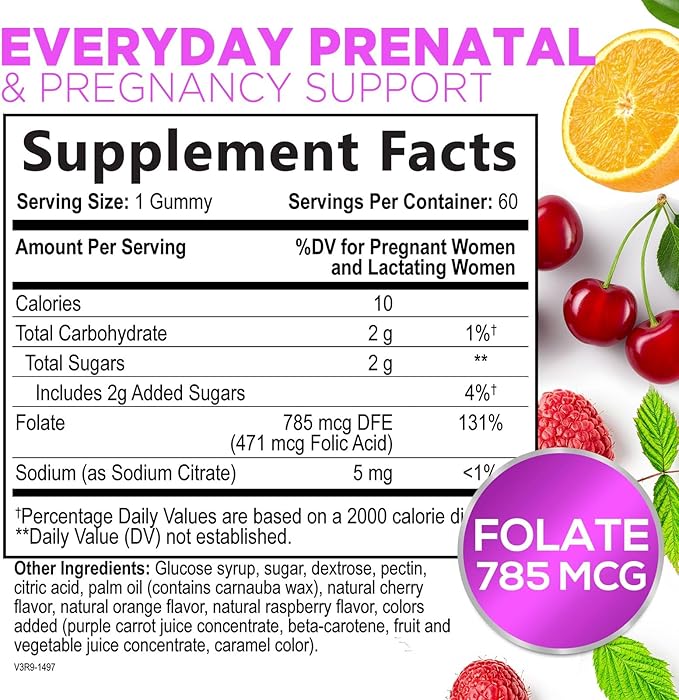 Folic Acid Gummies for Women 785 mcg, Essential Prenatal Vitamins for Mom & Baby, Vegan Folic Supplement Gummy, Daily Vitamin B9 Extra Strength Folate, Before During After Pregnancy - 60 Gummies