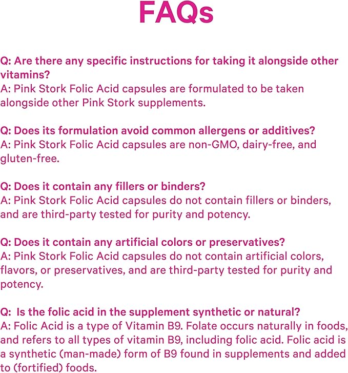 Pink Stork Folic Acid Supplement for Women – 400mcg, Daily Vitamin B9 for Prenatal & Fertility Support, Supports Red Blood Cell Formation & Energy – 30 Vegetarian Capsules
