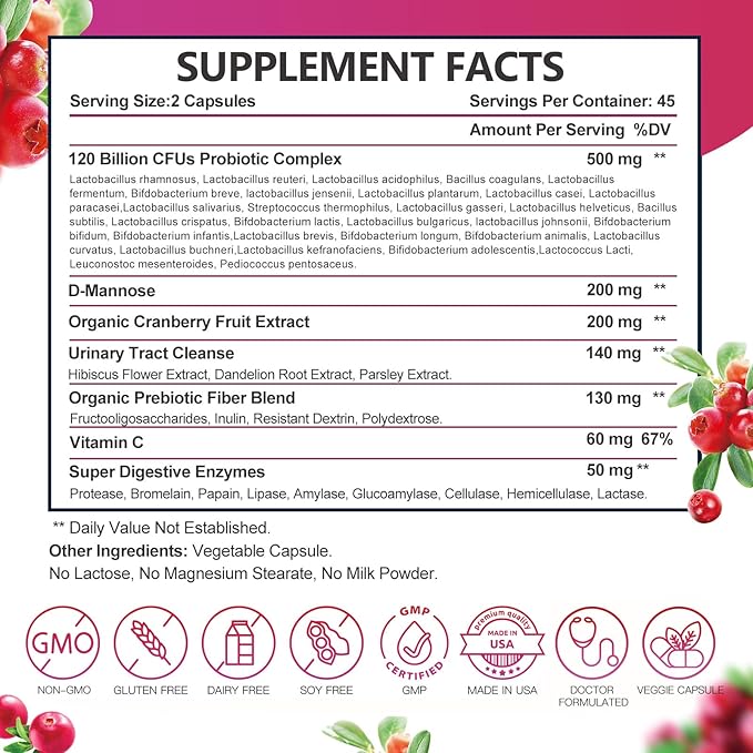 Probiotics for Women Digestive Health, Vaginal probiotics 120 Billion CFU 31 Strains with Digestive Enzymes & Prebiotics & D Mannose & Cranberry for Urinary Tract, 90 Capsules