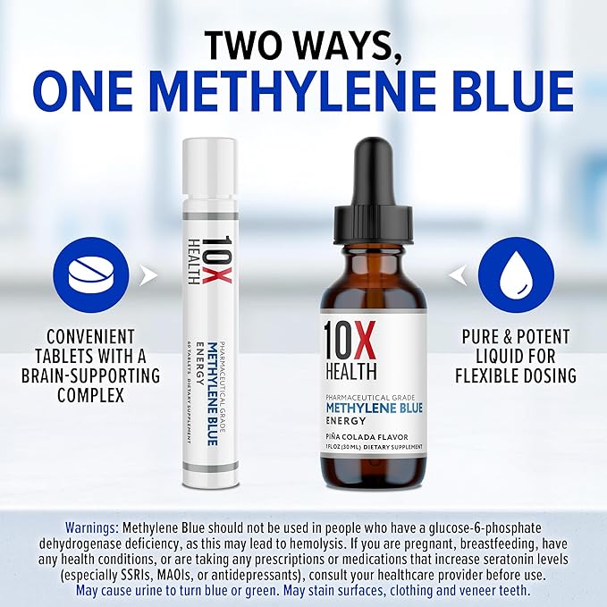 10X Health Methylene Blue Drops with Black Pepper Extract - 30ml Methylene Blue Pharmaceutical Grade Liquid - Boost Energy, Enhance Focus & Cognitive Support - Pina Colada Flavor, Vegan, Non-GMO
