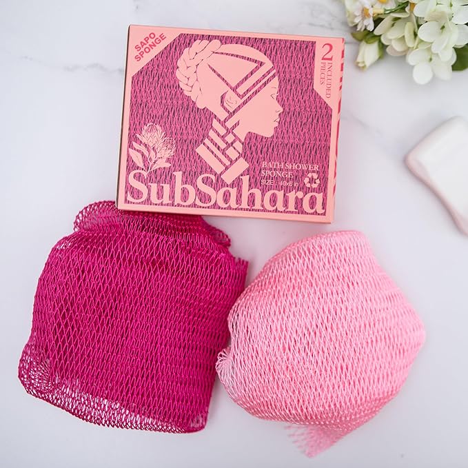 SubSahara Authentic African Net Sponge - 2 Pieces Exfoliating Scrubber for All Skin Types, Bath Sponge for Face & Body, Travel Portable, Durable, Gentle Exfoliation (Dark Pink & Light Pink)