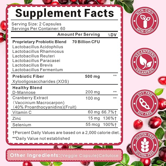 Vaginal Probiotics for Women, 70 Billion CFU for Vaginal Health, pH Balance, Urinary Tract, Digestive with Prebiotics, Organic Cranberry & D-Mannose for Vaginal Odor & Flora Supplements - 60 Capsules