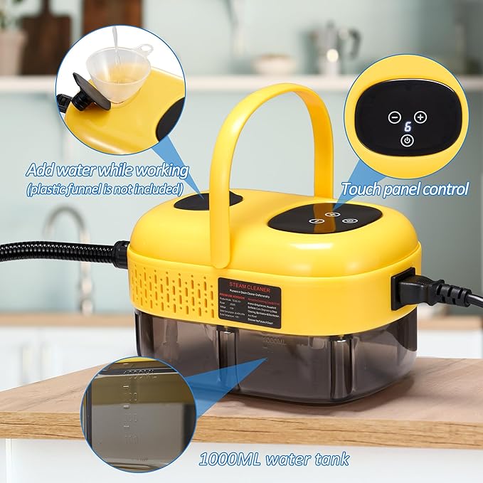 Spurgehom Handheld Steam Cleaner, 15s Heat-Up 1L Tank Portable Steam Cleaner, 2500W High Temperature Multipurpose Steamer for Cleaning, 6 Gears Adjustable Handheld Steamer for Home, Yellow