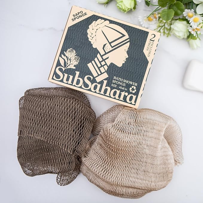 SubSahara Authentic African Net Sponge - 2 Pieces Exfoliating Scrubber for All Skin Types, Bath Sponge for Face & Body, Travel Portable, Durable, Gentle Exfoliation (Linen & Brown)