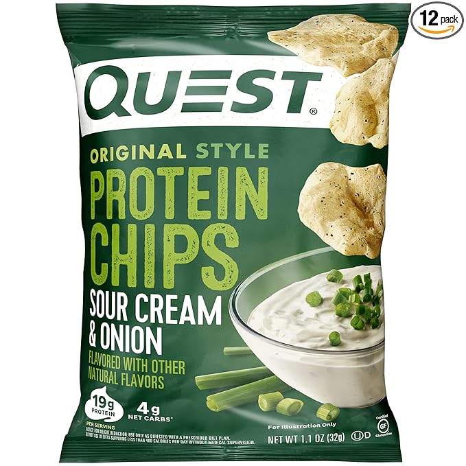 Quest Nutrition Sour Cream & Onion Protein Chips, 19g Protein, 4g Net Carbs, Low Carb, Gluten Free, 1.1 oz (Pack of 12)
