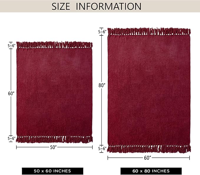Chenille Throw Blanket for Couch 60"X 80" Twin, Soft Cozy Throws with Fringe Tassel for Bed Sofa Chair Cover, Lightweight Knitted Decorative Boho Blankets for Living Room, Red