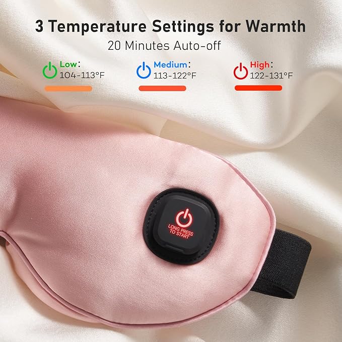 LitBear Heated Eye Mask, Silk Cordless Warm Eye Compress for Dry Eyes, Light Blocking Heat Eye Mask for Women Men, Soft Eye Heating Pad for Dry Eyes, Travel, Rechargeable, Washable Cover (Pink)