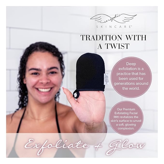Seraphic Skincare Premium Exfoliating Facial Mitt 2 Pack – 100% Vegan Dual-Sided Face Mitten with Viscose & Washcloth – Facial Scrub Pad for Gentle Cleansing & Exfoliation – Natural Dead Skin Remover