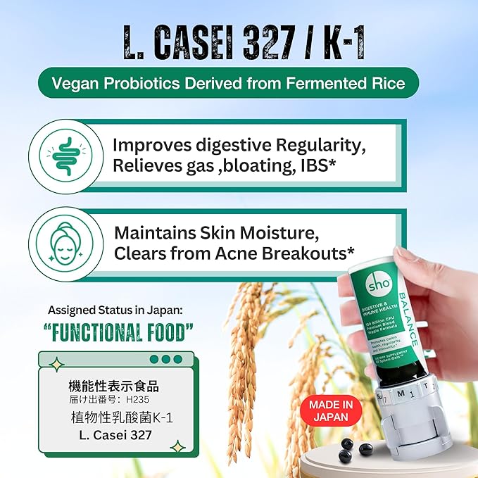 SHO Balance 100 Billion CFU Prebiotics & Probiotics – Supports Digestive & Gut Health – Vegan Supplement for Women & Men – Lactobacillus Casei | Shelf-Stable Bottle | 60 Pills