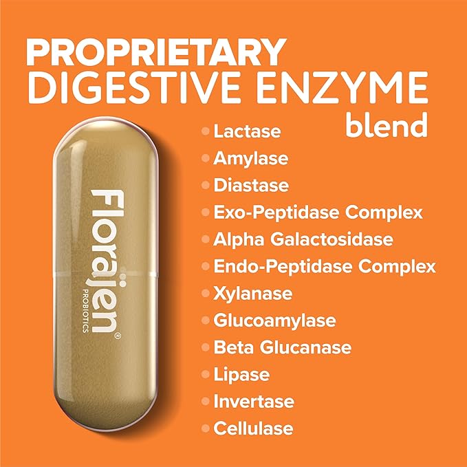 Florajen Digestive Enzymes with Probiotics & Prebiotics - Triple-Action Formula for Gut Health, Bloating, & Gas Relief - Supports Gluten & Dairy Digestion - Clean, Non-GMO - 30-Count