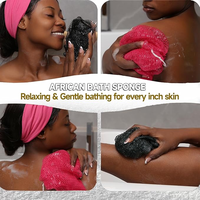 SubSahara Authentic African Net Sponge - 2 Pieces Exfoliating Scrubber for All Skin Types, Bath Sponge for Face & Body, Travel Portable, Durable, Gentle Exfoliation (Black & Pink)