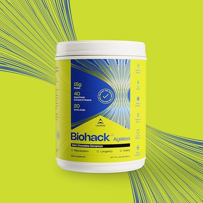 LevelUp Biohack Ageless: Colostrum Collagen Superfoods Antioxidants Spermidine Amino Acids Creatine for Women and Men, Total Body Rejuvenation (Dark Chocolate Cinnamon)