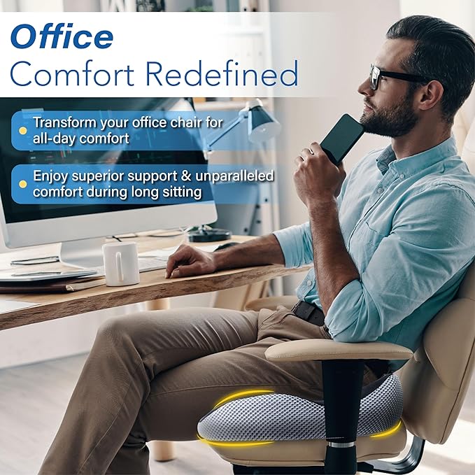 Car Seat Cushion, Ergonomic Memory Foam Car Cushion for Sciatica Pain Relief, Larger Driving Seat Pillow for Short Drivers on Long Drives - Butt Pillow for Truck, Office, Wheelchair - Black&Gray