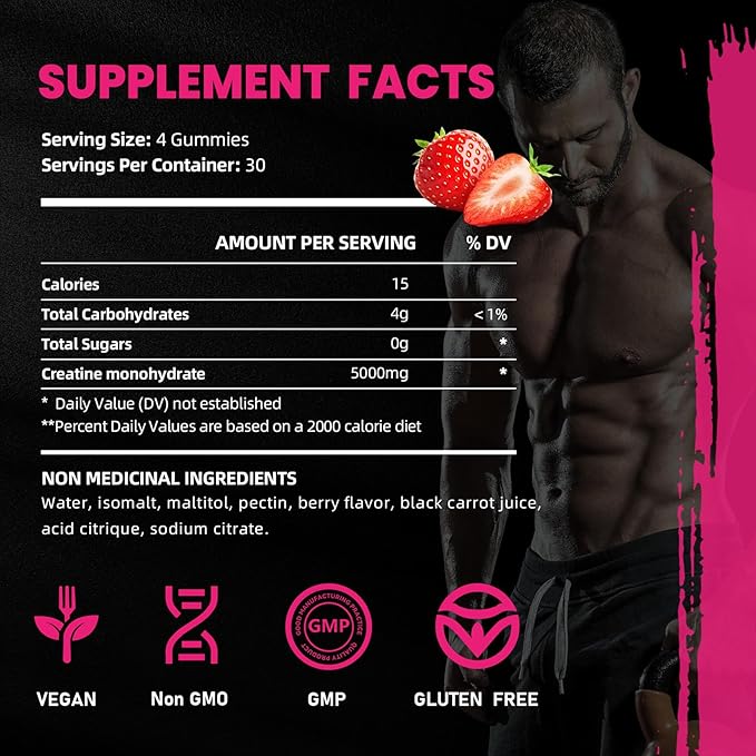 Creatine Monohydrate Gummies 5g for Men Women,Sugar Free Chewables Creatine Pre-Workout for Muscle Strength, Strawberry and Green Flavor, 120 Count