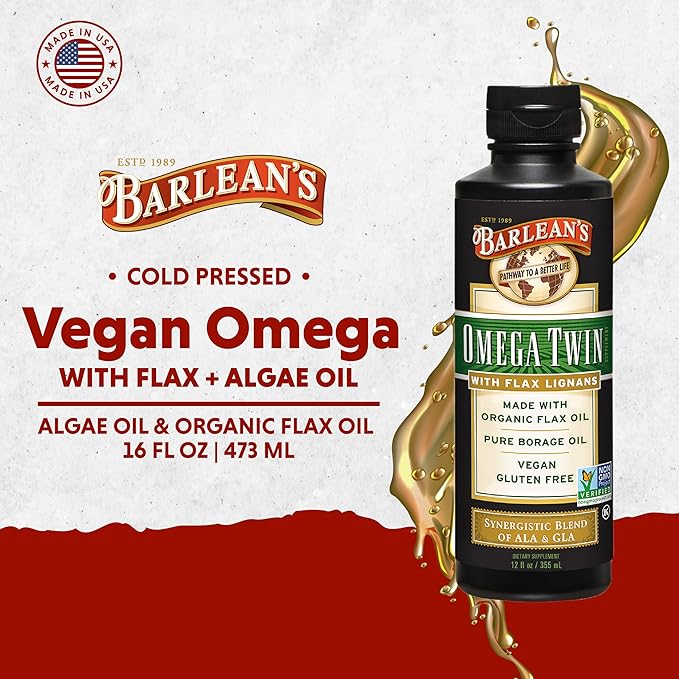 Barlean's Omega Twin Liquid Flaxseed Oil and Pure Borage Oil Supplement with Lignans, 6,010mg ALA and 465mg GLA Omega Fatty Acids from Organic Flax Seed and Cold Pressed Borage Seeds, 12 oz