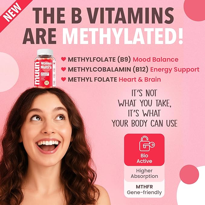 Muun Women's 14+ Multivitamin Gummy 60 Ct, Methylated B-Complex, Beauty & Energy - Sugar Free, Low Iron, Folate, Biotin, Vitamin A, C, D3, E, K, B6, B12