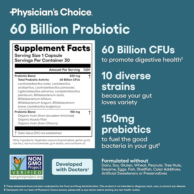 Physician's CHOICE 60 Billion Probiotic 30ct + Bloat & Gas Probiotic 30ct + Digestive Enzymes 60ct - Gut Guardian Bundle