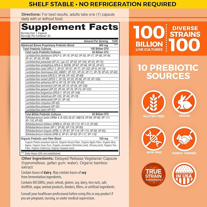Vital Planet - Vital Flora Advanced Probiotic 100 Billion CFU, 100 Diverse Strains, 10 Organic Prebiotics, Immune Support, Digestive Health Shelf Stable Probiotics for Women and Men 30 Capsules