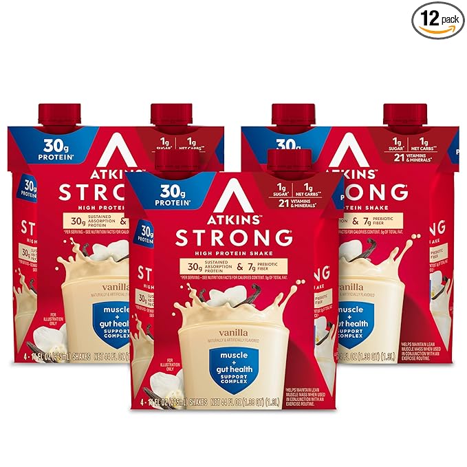 Atkins Strong High Protein Shake, Vanilla Flavored, 30g Protein, Low Carb and Low Sugar Shake, Keto Friendly, Gluten Free, Muscle and Gut Health Support Complex, 12 Count