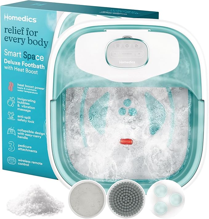 Homedics Smart Space Deluxe Footbath with Heat Boost, Patented Collapsible Design, Invigorating Bubble + Vibration Massage, 3 Pedicure Attachments, Safety-Lock System, Includes Bath Salts