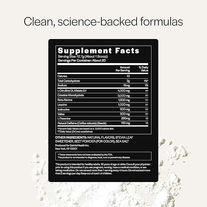 Gainful Performance Pre Workout Powder with Natural Caffeine & Creatine, Watermelon Flavor, Supports Energy, Strength, Endurance, & Recovery with BCAAs, Beta Alanine, L-Citrulline, 20 Servings