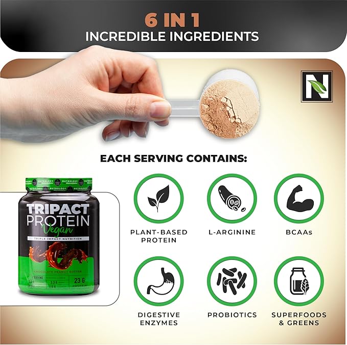 Nutrology TRIPACT Vegan Protein Powder - Organic Pea, Rice & Pumpkin Protein, BCAAs & Glutamine Plant-Based Meal Replacement Shakes for Muscle Recovery & Immunity, Chocolate Peanut Butter, 20 Servings