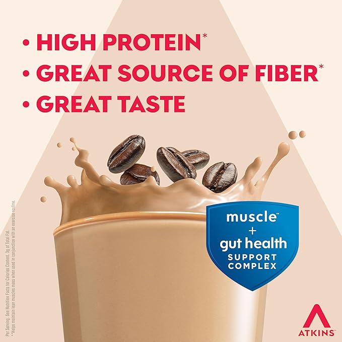 Atkins Strong High Protein Shake, Café Latte, 30g Protein, 7g Prebiotic Fiber, Muscle & Gut Health Support Complex, 12 Count