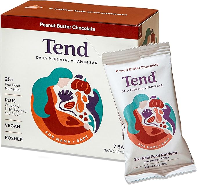 Tend Daily Best Prenatal Vitamin Bar, Made with Organic Ingredients for Pregnant & Postpartum Mothers, Includes DHA, Vitamin D, B, Choline, Folate - Peanut Butter Chocolate (7ct)