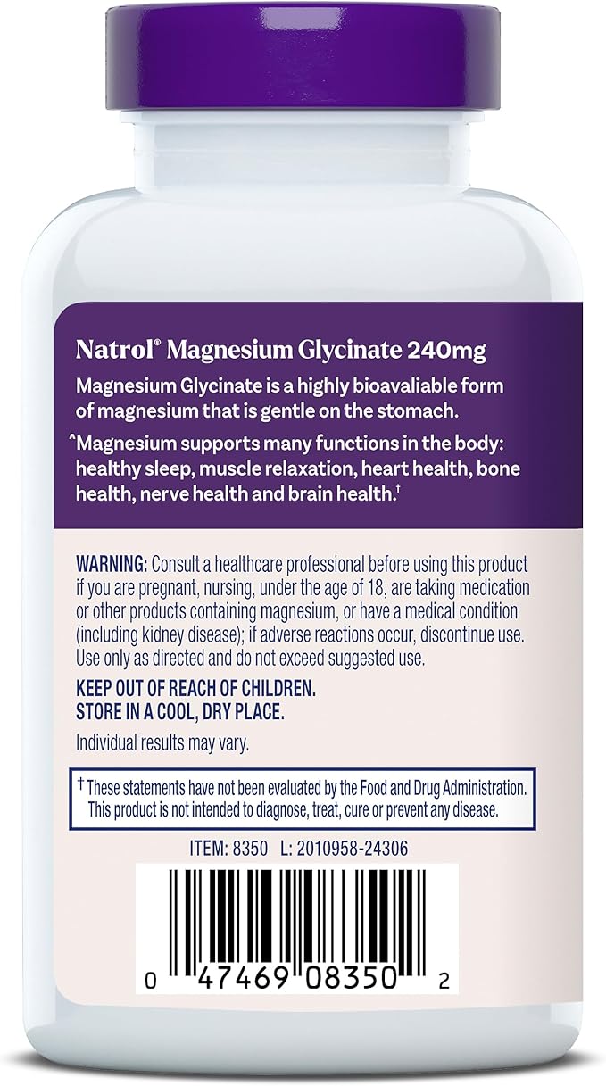 Natrol Magnesium Glycinate Supplements 240 mg - High Absorption - Calm Magnesium Glycinate for Sleep - 60 Capsules, 30 Day Supply