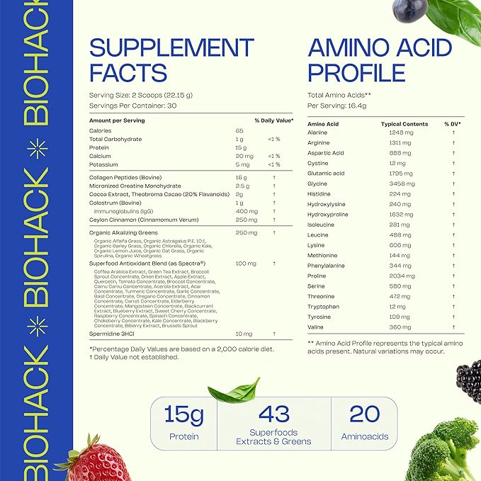 LevelUp Biohack Ageless: Colostrum Collagen Superfoods Antioxidants Spermidine Amino Acids Creatine for Women and Men, Total Body Rejuvenation (Dark Chocolate Cinnamon)