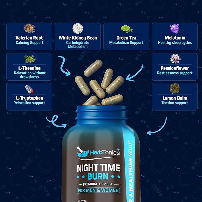 Herbtonics Night Time Burn & Sleep Complex Supports Overnight Metabolism, Stress Relief & Deep Sleep. Includes Melatonin, Valerian and Green Tea – Vegan Bedtime Weight Management (120 Capsules)