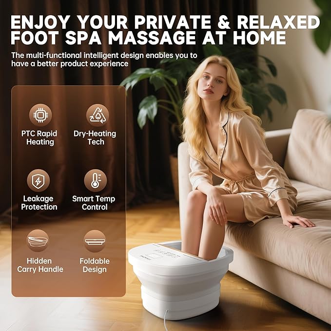 Collapasible Foot Spa Bath Massager with Heat, Pedicure Foot Spa with Bubbles and Jets/Timer/Temperature Control, Feet Soak Tub for Home, Office, Relaxation and Stress Relief, Gift for Men and Women