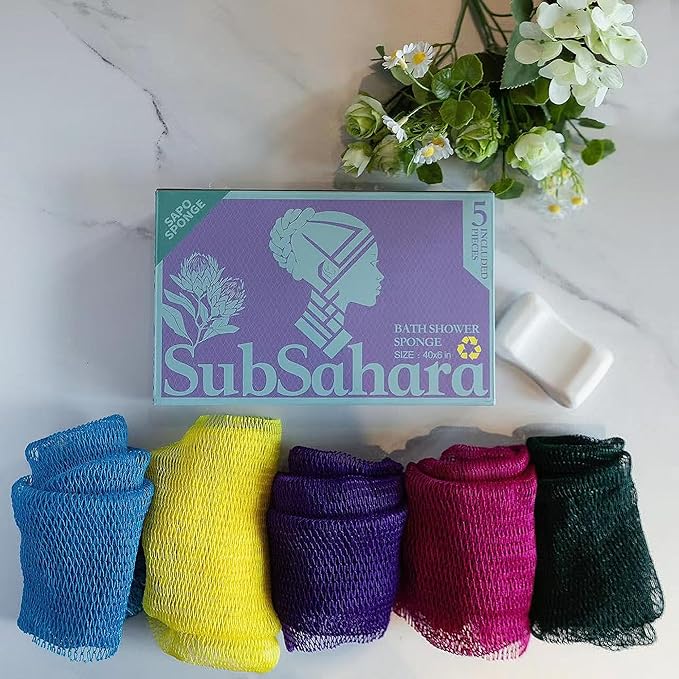 SubSahara African Net Sponge Authentic - 5 Pieces Gentle Exfoliating Scrubber for All Skin Types, Bath Sponge for Face & Body, Travel Portable