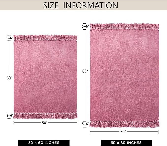 Chenille Throw Blanket for Couch 50"X 60", Soft Cozy Throws with Fringe Tassel for Bed Sofa Chair Cover, Lightweight Knitted Decorative Boho Blankets for Living Room, Rose Pink