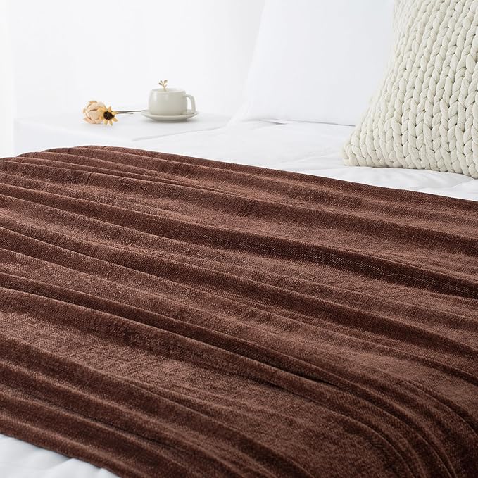 Chenille Throw Blanket for Couch 60"X 80" Twin, Soft Cozy Throws with Fringe Tassel for Bed Sofa Chair Cover, Lightweight Knitted Decorative Boho Blankets for Living Room, Dark Brown