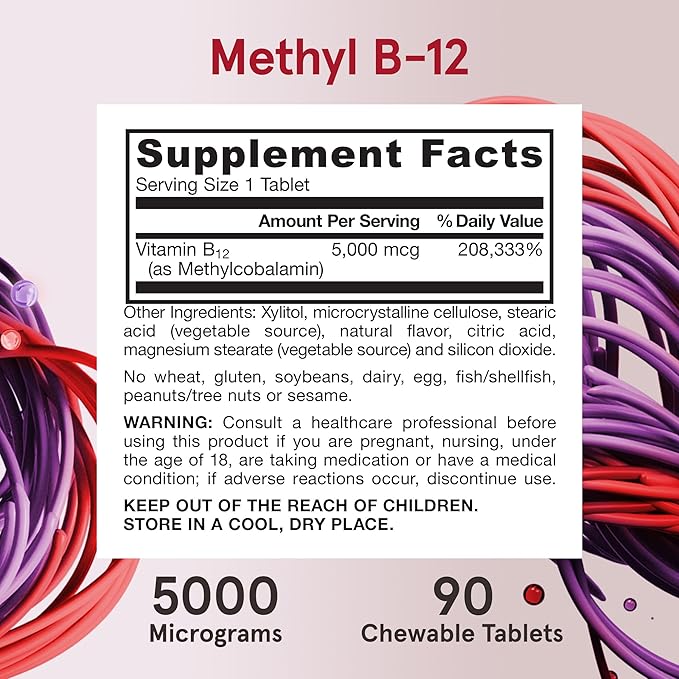 Jarrow Formulas Vitamin B12 5000 mcg - Maximum Strength for Cellular Energy and Brain Health, 90 Cherry Chewable Tablets, B12 Vitamins 5000 mcg