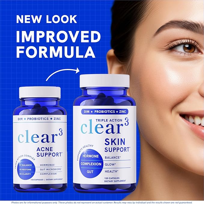 Clear Skin Acne Supplement with Zinc, DIM & Probiotics | 3-in-1 Balance, Clarify, Restore Support with Hyaluronic Acid & Skin Support Vitamins | for Women & Men | Oral Hormonal Acne Pills | 120 Ct
