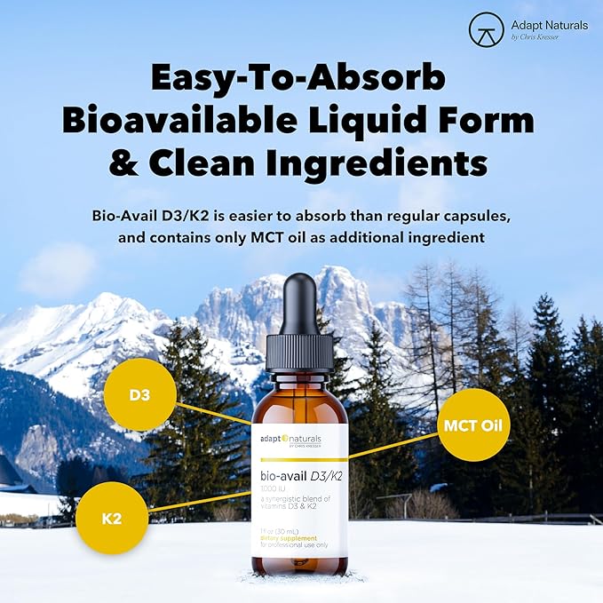 Adapt Naturals Vitamin D3 K2 1000 IU Supplement with MCT Oil, Bioavailable Highly Absorbable Liquid Formula, Overcome Vitamin D Deficiency, Support Immune & Metabolic Health - 1 FL Oz, 600 Servings