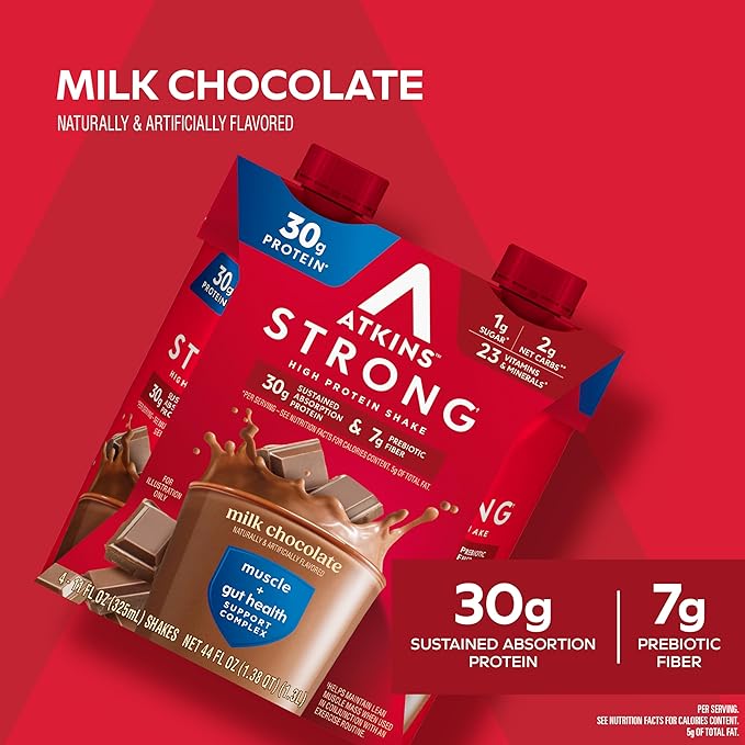 Atkins Strong High Protein Shake, Milk Chocolate Flavored, 30g Protein, Low Carb and Low Sugar Shake, Keto Friendly, Gluten Free, Muscle and Gut Health Support Complex, 12 Count