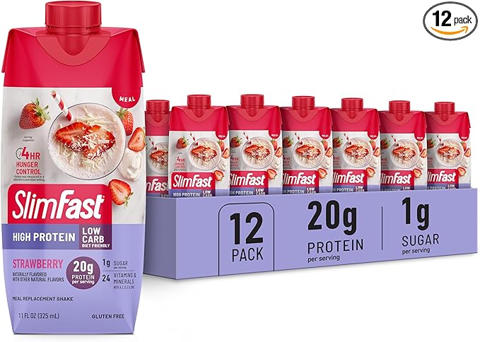 SlimFast Protein Shake, Strawberry- 20g Protein, Meal Replacement Shake Ready to Drink, High Protein with Low Carb and Low Sugar, 24 Vitamins and Minerals, 12 Count (Pack of 1) (Packaging May Vary)