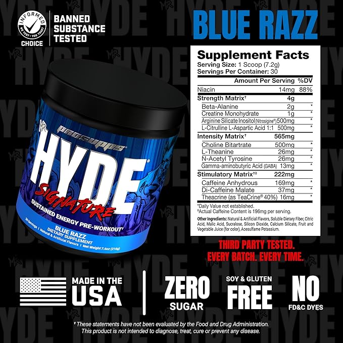PROSUPPS Mr. Hyde Signature Pre Workout Powder with Creatine, Beta Alanine & Caffeine - Performance, Energy & Endurance - Clean Fitness & Gym Supplements for Men & Women (Blue Razz, 30 Servings)
