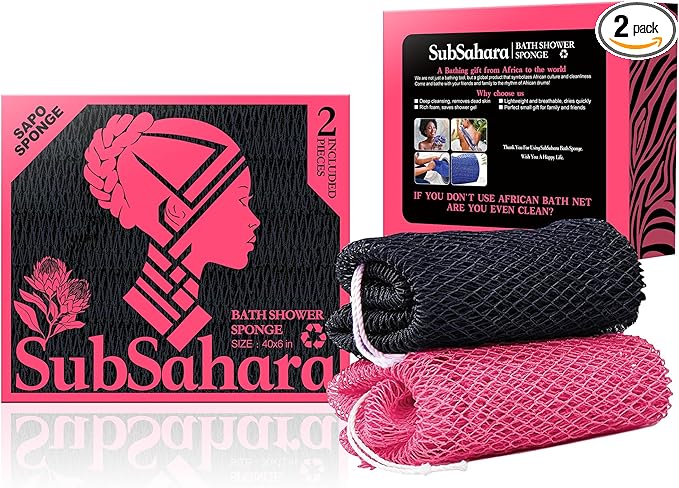 SubSahara Authentic African Net Sponge - 2 Pieces Exfoliating Scrubber for All Skin Types, Bath Sponge for Face & Body, Travel Portable, Durable, Gentle Exfoliation (Black & Pink)