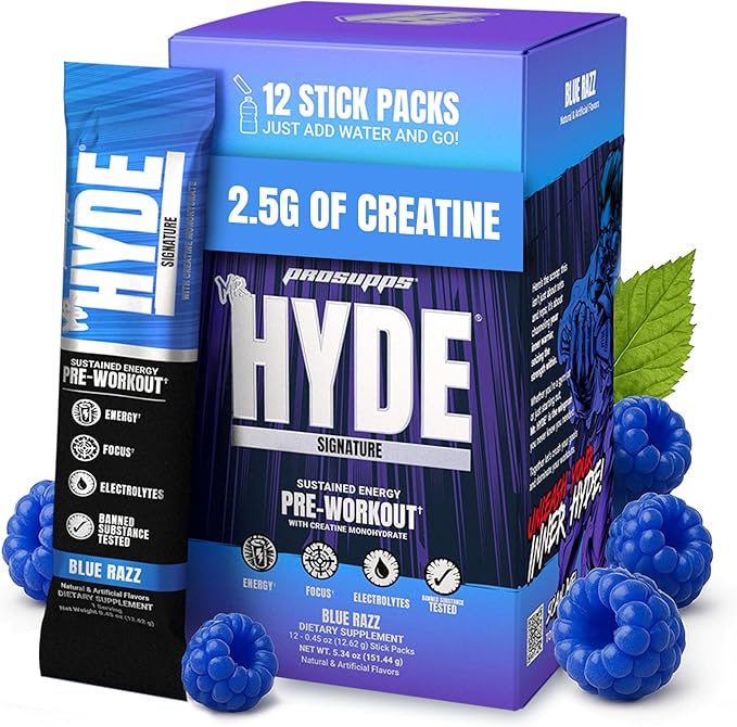 PROSUPPS Mr. Hyde Signature Pre Workout Drink Mix- Performance, Energy & Endurance with Creatine, Beta Alanine & Caffeine - Clean Gym Supplements for Men & Women (Blue Razz, 12 On-The-Go Packets)
