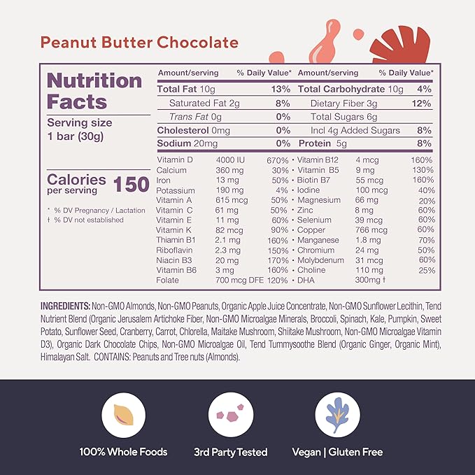 Tend Daily Best Prenatal Vitamin Bar, Made with Organic Ingredients for Pregnant & Postpartum Mothers, Includes DHA, Vitamin D, B, Choline, Folate - Peanut Butter Chocolate (4ct)