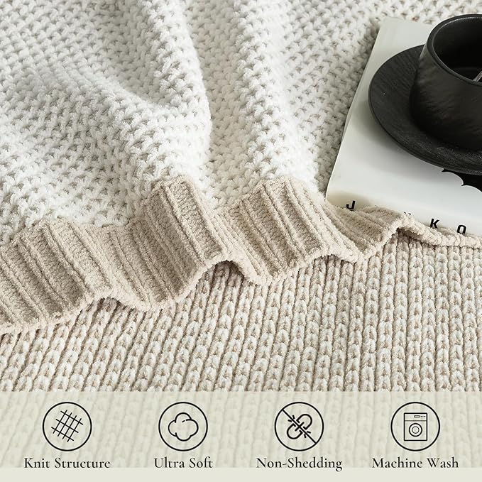 Amélie Home Chenille Honeycomb Knit Throw Blanket for Couch Twin, Reversible Soft Cozy Knit Blanket Lightweight Warm Decorative Throw for Sofa, Bed, Living Room, 50"x60", Khaki & White